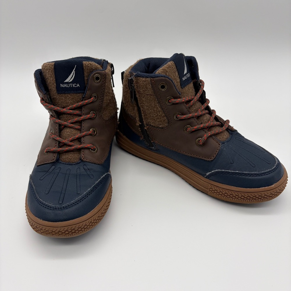 Nautica Titan Youth Duck Boots Navy Brown High Top Side Zip Sneakers Size 13